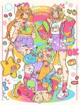  3girls bag bag_charm bead_necklace beads blonde_hair breasts burger charm_(object) clownfish commentary decora english_commentary fashion fish food full_body hair_ornament hairclip handbag hat heisei_retro hello_kitty_(character) jacket jewelry leg_warmers long_hair mimmy_(hello_kitty) mitsutadaki multicolored_hair multiple_girls my_melody necklace onegai_my_melody open_clothes open_jacket orange_tube_top original pink_jacket pink_leg_warmers pink_skirt pink_socks purple_shorts purple_skirt sanrio shirt shoes short_hair shorts skirt socks standing sticker strapless streaked_hair tank_top too_many_hair_ornaments tube_top white_shirt white_shoes yellow_tank_top 