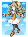  absurdres black_legwear blue_background blush bow brown_hair cravat eruru_(erl) full_body goggles goggles_on_head green_eyes hair_bow highres long_hair looking_at_viewer maria_balthasar no_nose one_eye_closed orange_footwear orange_shirt pantyhose ringlets shirt shoes skirt smile solo standing white_skirt xenogears yellow_bow 