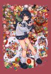  1girl bag bell bento bird black_hair black_shoes black_skirt black_sweater blush bowl candy chili_pepper collared_shirt comb dango dessert eggplant flower food fruit grey_jacket highres jacket jigglypuff jingle_bell kendama kettle leaf lollipop long_hair meat mitarashi_dango mushroom orange_(fruit) origami original paper_crane pink_flower plant pleated_skirt pokemon shirt shoes shrimp sizucomaru skirt snake socks solo sparkle spinning_top strawberry sweater turtle tyrannosaurus_rex wagashi white_shirt white_socks yo-yo 