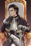  artist_name black_hair book boots brown_eyes capelet fire_emblem fire_emblem:_thracia_776 gloves looking_at_viewer male_focus reinhardt_(fire_emblem) sitting solo star sword throne wani_(fadgrith) weapon 