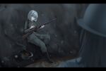  2girls absurdres alter_kamerade blue_eyes bolt_action boots combat_helmet gun helmet highres holding holding_clip_(weapon) holding_gun holding_weapon imperial_german_army mauser_98 medium_hair military military_combat_uniform military_uniform mud multiple_girls original puddle reloading rifle sitting solo_focus stahlhelm unworn_headwear unworn_helmet water weapon white_hair world_war_i 