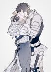  2boys armor black_hair blonde_hair clawed_gauntlets closed_eyes couple dion_lesage faulds feet_out_of_frame final_fantasy final_fantasy_xvi frilled_sleeves frills gigantickim_ff grey_background hand_on_another&#039;s_head highres kiss knight long_sleeves male_focus multiple_boys parted_hair pauldrons short_hair shoulder_armor simple_background standing terrence_(ff16) yaoi 