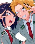  1boy 1girl audio_jack ayuda_ayutaro blonde_hair boku_no_hero_academia commentary earplugs highres jiro_kyoka kaminari_denki long_earlobes necktie red_necktie school_uniform short_hair smile solo u.a._school_uniform v 