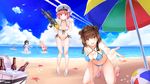  ahoge artist_name bangs beach beach_umbrella beer_bottle bikini black_hair blue_bikini blush breasts brown_hair collarbone cooler day eyebrows_visible_through_hair groin hair_flaps hat hatsuzuki_(kantai_collection) highres kantai_collection large_breasts looking_at_viewer multi-strapped_bikini multiple_girls navel o-ring o-ring_bikini ocean outdoors outstretched_arm pink_hair reaching_out red_bikini red_eyes red_hair rensouhou-chan rizihike sandals shigure_(kantai_collection) side-tie_bikini signature small_breasts smile splashing starfish swimsuit swimwear umbrella waving white_bikini white_hat yellow_eyes yuudachi_(kantai_collection) z3_max_schultz_(kantai_collection) 