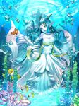  air_bubble bare_shoulders blue_eyes blue_hair blue_skin breasts bubble circlet cleavage dragon_girl dragon_quest dragon_quest_x dress earrings elbow_gloves fina_(dq10) fish gloves horns hyuu_(sing-dog) jewelry long_hair medium_breasts necklace pointy_ears solo strapless strapless_dress submerged underwater white_dress white_gloves 