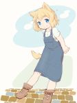 1girl animal_ears arms_behind_back blonde_hair blue_dress blue_eyes boots brown_footwear commentary_request denim_dress dog_ears dog_tail dress full_body hands_together highres original shirt short_hair smile solo sudumenooyado tail white_shirt 