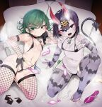  2girls bikini breasts bridal_gauntlets commentary_request condom condom_wrapper dai_yasude fate/grand_order fate_(series) feet green_eyes green_hair highres horns knees looking_at_viewer micro_bikini multiple_girls navel on_bed one-punch_man shuten_douji_(fate) small_breasts stomach swimsuit tatsumaki thick_thighs thighhighs thighs toes used_condom voice_actor_connection yuuki_aoi 