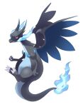  animal_focus blue_fire bright_pupils charizard claws closed_mouth fangs fire full_body highres looking_at_viewer mega_charizard_x mega_pokemon no_humans nostrils pokemon pokemon_(creature) red_eyes simple_background solo white_background white_pupils yon_(4km_105) 