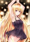  arched_back armpits arms_up bangs bare_shoulders black_dress blonde_hair blush breasts cocktail_dress dress eyebrows_visible_through_hair hair_intakes highres konjiki_no_yami long_hair looking_at_viewer open_mouth pose red_eyes shiny shiny_skin small_breasts solo sparkle standing straight_hair tatsuno_(saya-tatsuno) to_love-ru upper_body very_long_hair 