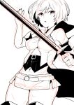  1girl ashelia_b&#039;nargin_dalmasca belt breasts demememememene detached_sleeves final_fantasy final_fantasy_xii greyscale highres holding holding_sword holding_weapon looking_at_viewer miniskirt monochrome navel short_hair simple_background skirt solo sword thighhighs weapon white_background 