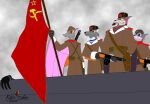 absurd_res anthro bat canid canine canis cloud cloudy_sky communism corpse dragonsnake9989 flag flag_(object) fox grey_background group gun hammer_and_sickle hi_res holding_flag holding_object holding_weapon male mammal military politics proud ranged_weapon red_star shotgun simple_background sky soldier soviet_flag war warrior weapon wolf