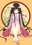  arm_support arms_behind_back bare_legs barefoot black_hair bow bowtie closed_mouth collar crossed_legs eyebrows_visible_through_hair feet fingernails flan_(seeyouflan) frilled_collar frills full_body highres hime_cut houraisan_kaguya japanese_clothes ke-ta_(style) kimono long_hair long_sleeves looking_at_viewer makeup orange_eyes shiny shiny_hair sitting smile soles solo toenail_polish toenails toes touhou very_long_hair wide_sleeves yellow_background 