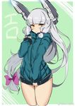  :t bangs blunt_bangs blush bow cosplay cowboy_shot cropped_legs eromanga_sensei eyebrows_visible_through_hair hair_bow hand_on_own_chest headgear izumi_sagiri izumi_sagiri_(cosplay) jacket jacket_tug jpeg_artifacts kantai_collection light_brown_eyes long_hair long_sleeves looking_at_viewer low-tied_long_hair murakumo_(kantai_collection) outside_border sidelocks silver_hair simple_background sleeves_past_wrists slm solo translated v-shaped_eyebrows very_long_hair watermark weibo_logo weibo_username 