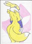  breasts butt canine clothing digimon female fox fur gloves looking_back mammal nipples postdisease presenting presenting_hindquarters renamon side_boob simple_background yellow_fur 