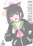  1girl :o ^^^ animal_ears black_choker black_hair black_hoodie blue_archive blunt_ends blush bob_cut cat_choker cat_ears cat_girl character_name choker colored_inner_hair commentary_request dutch_angle embarrassed extra_ears eyelashes fang green_sailor_collar hair_behind_ear hair_ornament hairclip halo hand_in_pocket hand_up highres hood hood_down hoodie indonesian_commentary kazusa_(blue_archive) multicolored_hair neckerchief nose_blush open_mouth pink_hair pink_halo pink_neckerchief realen red_eyes sailor_collar school_uniform serafuku short_hair signature simple_background skin_fang sleeves_past_wrists solo straight_hair sweatdrop twitter_username two-tone_hair upper_body v-shaped_eyebrows white_background 