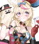  1girl 9tk9m animal_ears black_hair blonde_hair blue_bow bow breasts card closed_mouth commentary_request facial_mark fox_ears fox_girl gloves hand_puppet hat heart heart_facial_mark highres holding holding_card hololive jester_cap mark_under_eye medium_breasts multicolored_hair omaru_polka omaru_polka_(1st_costume) pink_hair playing_card poker puppet purple_eyes red_bow red_gloves revision simple_background solo spade_(shape) spade_facial_mark streaked_hair top_hat virtual_youtuber white_background x x_facial_mark zain_(omaru_polka) 