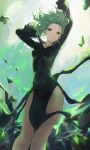  1girl absurdres arm_up black_dress breasts commentary_request covered_navel dress green_hair highres jianjia long_sleeves looking_at_viewer one-punch_man small_breasts solo standing tatsumaki thighs 