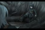  2girls absurdres adrian_helmet ammunition_pouch ayou_(aukuamani) bandolier bayonet belt bolt_action combat_helmet crater fence gun helmet highres lebel_model_1886 looking_at_another mud multiple_girls original picket_fence pouch puddle rifle soldier solo_focus water weapon wooden_fence 