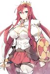  boudica_(fate/grand_order) breasts cleavage crown fate/grand_order fate_(series) fur_trim gebyy-terar green_eyes juliet_sleeves large_breasts long_hair long_sleeves looking_at_viewer puffy_sleeves red_hair shield shrug_(clothing) simple_background sketch skirt solo sword thighhighs weapon white_background zettai_ryouiki 
