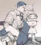  2boys arm_support armor blush boots breastplate closed_eyes closed_mouth commentary_request dion_lesage faulds final_fantasy final_fantasy_xvi frilled_sleeves frills grey_background hand_on_another&#039;s_shoulder hasuha_makoto heart highres legs_up long_sleeves looking_at_another male_focus multiple_boys pants parted_hair pauldrons short_hair shoulder_armor simple_background sitting tabard table terrence_(ff16) white_pants yaoi 
