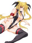  alternate_costume arm_belt bare_shoulders black_legwear black_leotard blonde_hair breasts center_opening cleavage commentary_request eyebrows_visible_through_hair fate_testarossa hand_on_hip highleg highleg_leotard large_breasts leotard long_hair looking_at_viewer lying lyrical_nanoha magical_girl mahou_shoujo_lyrical_nanoha_strikers navel no_bra on_side parted_lips red_eyes ribbon simple_background solo thighhighs twintails unzipped very_long_hair white_background yashima_tetsuya 