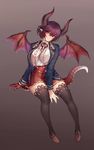  bat_wings brown_shoes claw dragon_girl granblue_fantasy grea_(shingeki_no_bahamut) horns monster_girl panna_cotta pixiv_id_7805672 pleated_skirt pointy_ears purple_hair scales short_hair skirt tail thighhighs wings yellow_eyes 