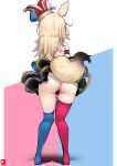  1girl absurdres animal_ears ass bandaid bandaid_on_pussy blonde_hair blue_dress blue_thighhighs commentary dress fox_ears fox_girl from_behind full_body hat highres hololive jester_cap johnny_(braun-kan_cafe) long_hair mismatched_thighhighs no_shoes omaru_polka pink_thighhighs solo standing thighhighs tilted_headwear virtual_youtuber 