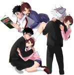  1boy 1girl absurdres ayase_momo black_choker black_hair black_jacket black_pants blue_skirt blush book bow bowtie brown_eyes brown_hair brown_shoes carrying chappyvii choker closed_eyes collared_shirt dandadan earrings english_commentary feet_out_of_frame from_behind from_side full_body gakuran glasses hair_between_eyes hair_ornament hair_scrunchie hand_on_another&#039;s_head highres holding holding_book hood hood_down hoodie hug jacket jewelry kneehighs long_sleeves lying lying_on_person medium_hair miniskirt multiple_views no_shoes on_stomach open_mouth pants pink_sweater pleated_skirt princess_carry purple_shirt red_bow red_bowtie red_eyes round_eyewear school_uniform scrunchie shaded_face shirt shoes short_hair skirt socks sparkle squatting sweat sweatdrop sweater takakura_ken_(dandadan) takakura_ken_(transformed)_(dandadan) transformation twitter_username white_background white_hair white_hoodie white_shirt white_shoes white_socks yellow_scrunchie 
