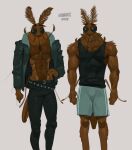 2025 3_fingers abs absurd_res antennae_(anatomy) anthro arthropod athletic_wear belt biceps black_belt black_bottomwear black_clothing black_eyebrows black_eyes black_jacket black_jeans black_pants black_shirt black_tank_top black_topwear bottomwear brown_antennae brown_body brown_exoskeleton clothed clothed_anthro clothed_male clothing deltoids denim denim_bottomwear denim_clothing duo empty_eyes english_text exoskeleton eyebrows featureless_chest fingers fly_(animal) front_view grey_background grey_bottomwear grey_clothing grey_jacket grey_shorts grey_topwear gym_bottomwear gym_shorts half-closed_eyes hi_res insect invertebrate_proboscis jacket jeans kogito long_sleeves male male_anthro mosquito multicolored_bottomwear multicolored_clothing multicolored_shorts multicolored_topwear muscular muscular_anthro muscular_male narrowed_eyes obliques open_clothing open_jacket open_topwear pants pecs proboscis_(anatomy) shirt shirtless shirtless_anthro shirtless_male shorts simple_background standing tank_top text topwear two_tone_bottomwear two_tone_clothing two_tone_jacket two_tone_shorts two_tone_topwear white_bottomwear white_clothing white_shorts white_text