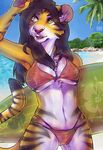  2017 anthro beach bikini biped blue_sky breasts cleavage clothed clothing countershading day digital_media_(artwork) feline female front_view fully_clothed hair hi_res holding_object kuwater laam long_hair looking_aside looking_away mammal midriff navel open_mouth red_bottomwear red_topwear sea seaside sky solo standing surfboard swimsuit tiger water 