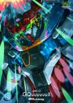  absurdres artist_name character_name commentary copyright_name english_commentary glowing glowing_eyes gquuuuuux green_eyes gundam gundam_gquuuuuux highres looking_at_viewer mecha mecha_focus mobile_suit no_humans robot science_fiction sky_(sky_sheno) solo sparkle sparkle_background twitter_username upper_body v-fin 
