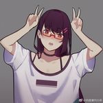  arms_up bespectacled blush bright_pupils casual choker d: double_v eyebrows_visible_through_hair fu_nengliang_jiegeti girls_frontline glasses grey_background hair_ornament hairclip long_hair looking_at_viewer nose_blush off-shoulder_shirt open_mouth purple_hair red-framed_eyewear red_eyes semi-rimless_eyewear shirt short_sleeves simple_background sketch solo t-shirt under-rim_eyewear upper_body v wa2000_(girls_frontline) watermark weibo_logo weibo_username white_pupils 