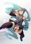  absurdly_long_hair aqua_eyes aqua_hair black_footwear black_legwear boots commentary_request detached_sleeves fang fu-ta hatsune_miku headphones index_finger_raised long_hair looking_at_viewer nail_polish necktie skirt solo thigh_boots thighhighs twintails uneven_eyes very_long_hair vocaloid 