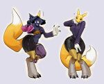 anthro bandai_namco bottomwear character_transformation clothing dgirael digimon digimon_(species) digitigrade female growth legwear pantyhose purple_background renamon shirt simple_background skirt solo species_transformation standing surprised_expression tail tail_growth topwear transformation translucent_pantyhose tube_top white_body wide_hipped_anthro wide_hipped_female wide_hips yellow_body