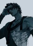  1boy abs amuii arm_up bare_pectorals character_request collarbone commentary english_commentary grey_background highres looking_ahead male_focus muscular muscular_male parted_lips pectorals sideburns simple_background single_bracer solo sultan&#039;s_game teeth upper_body wavy_hair 