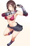  arm_up armpits belt bikini_top black_shorts boots breasts brown_hair cleavage clothes_around_waist elbow_pads fingerless_gloves foreshortening full_body gloves gradient gradient_background grin hand_on_own_shoulder highres hiiragi_yuuichi kazama_asuka knee_boots kneehighs large_breasts looking_at_viewer midriff navel purple_eyes red_bikini_top red_footwear red_legwear shirt_around_waist short_hair short_shorts shorts simple_background smile solo standing standing_on_one_leg stomach teeth tekken white_background 