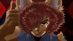 abstract_background alternate_species anthro brown_body brown_fur brown_hair cosplay darkluxia domestic_cat felid feline felis fur furrification hair invalid_tag jojo&#039;s_bizarre_adventure looking_at_viewer male mammal one_eye_obstructed sher snaggle_tooth solo teeth yoshikage_kira