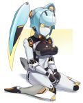  1girl blue_hair breasts colored_skin detached_hair full_body hakidashi_11 joints kneeling large_breasts phantasy_star phantasy_star_online_2 robot_girl robot_joints simple_background solo twintails white_background white_skin yellow_eyes 