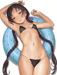  armpits arms_up bangs bikini black_bikini blue_innertube braid breasts brown_eyes brown_hair comic_kairakuten cowboy_shot cropped hair_ribbon hair_tie highres innertube long_hair looking_at_viewer lying murata_renji navel non-web_source on_back parted_bangs parted_lips polka_dot_innertube ribbon simple_background small_breasts solo string_bikini swimsuit twin_braids twintails very_long_hair wet white_background 