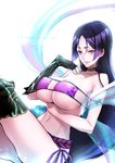  bare_shoulders bikini blue_eyes breasts choker cleavage collarbone commentary_request eyepatch_bikini fate/grand_order fate_(series) from_side highres kigawa_rin large_breasts long_hair looking_at_viewer looking_to_the_side minamoto_no_raikou_(fate/grand_order) minamoto_no_raikou_(swimsuit_lancer)_(fate) navel purple_bikini purple_hair shawl smile solo stomach swimsuit very_long_hair 