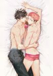  2boys ass black_hair black_male_underwear boxers candy chocolate chocolate_bar food fushiguro_megumi hand_on_another&#039;s_back hand_on_own_head highres itadori_yuuji juju_net jujutsu_kaisen leg_between_thighs looking_at_viewer male_focus male_underwear multiple_boys no_pants open_mouth open_pants pants pink_eyes pink_hair pink_male_underwear shirt short_hair simple_background spiked_hair thighs toned toned_male topless_male undercut underwear underwear_only yaoi 
