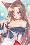  1girl animal_ears bare_shoulders breasts brooch brown_hair cleavage dress highres imaizumi_kagerou jewelry looking_at_viewer red_eyes red_nails smile solo touhou wolf_ears wolf_girl yuiki_(cube) 