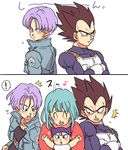  1girl 2boys 2koma armor arms_up baby back-to-back belt black_eyes black_hair blue_eyes blue_hair blush bulma clenched_hands closed_eyes comic crossed_arms dragon_ball dragon_ball_z eighth_note father_and_son frown gloves happy hat jacket long_sleeves looking_at_another looking_away looking_back mother_and_son multiple_boys musical_note open_mouth panels pink_shirt purple_hair serious shirt short_hair simple_background sparkle speech_bubble surprised sweatdrop tkgsize translation_request trunks_(dragon_ball) tsundere vegeta white_background 