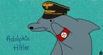 adolphin_hitler amyenchantment anthro armband blue_body blue_skin cetacean dolphin fin heil male mammal marine nazi nazism red_armband signature simple_background solo swastika teal_background text toothed_whale