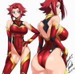 1girl artist_name ass back bare_shoulders breasts closed_mouth code_geass commentary_request commission contrapposto covered_navel gloves gold_trim hair_intakes hand_on_own_hip highleg highleg_leotard highres kouzuki_kallen large_breasts leotard looking_at_viewer mecha_pilot_suit multiple_views pixiv_commission red_gloves red_hair red_leotard short_hair sideways_glance simple_background thighs white_background yoo_tenchi 