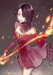  breasts cinder_fall cleavage commentary_request dress ecru fire hair_over_one_eye korean_commentary long_hair magic medium_breasts red_dress rwby sleeveless sleeveless_dress solo 