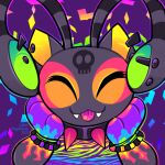 1:1 aisha_(neopets) antennae_(anatomy) antennae_piercing anthro artist_name black_body black_collar black_ear_piercing black_ear_ring black_fur black_markings black_stripes blue_markings bust_portrait chotpot closed_smile collar colored digital_drawing_(artwork) digital_media_(artwork) ear_piercing ear_ring eyes_closed fan_character fangs flame_(marking) front_view fur fur_markings furgonomics furry-specific_piercing hand_pawpads handpaw hands_on_own_face icon light lighting male male_anthro markings mouth_closed multicolored_body multicolored_fur multicolored_markings multicolored_outline neopet_(species) neopets noseless orange_eyelids orange_inner_ear outline pawpads paws piercing pink_pawpads pink_tongue portrait purple_background purple_markings rainbow_markings rainbow_outline ring_piercing simple_background skull_(marking) smile solo spiked_collar spikes striped_antennae stripes teeth text tongue trans_(lore) trans_man_(lore) yellow_markings zephyr_(chotpot)