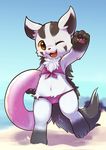 2015 anthro beach bikini black_fur blush brown_eyes clothed clothing cub cute female fur grey_fur inner_tube looking_at_viewer mightyena navel nintendo one_eye_closed pawpads paws pok&eacute;mon rag._(artist) red_nose sand seaside sky smile solo swimsuit video_games water wink yellow_sclera young 