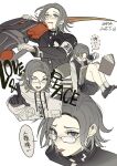  1boy absurdres aged_down aotsuki_eito armband black_gloves black_jacket black_shoes black_vest blade_to_throat blood blood_from_mouth blood_on_face blue_eyes book book_stack dated disappearoften glasses gloves grey_hair grey_shorts highres hole_in_chest hole_on_body jacket last_defense_academy_school_uniform male_focus multiple_views one_eye_closed school_uniform shirt shoes short_hair shorts signature simple_background sparkle spoilers suicide the_hundred_line_-last_defense_academy- tongue tongue_out vest white_armband white_background white_gloves white_shirt 