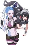  2girls \n/ arm_tattoo belt black_belt black_dress black_gloves black_hair black_nails black_tail blue_hair braid breasts candy carrying carrying_person crossover dress ellen_joe fins fish_tail fishbones_(jinx) flat_chest food gloves highres holding holding_candy holding_food holding_lollipop hyuiil365 jinx_(league_of_legends) league_of_legends lollipop long_hair looking_at_viewer maid_headdress medium_breasts multicolored_hair multiple_girls name_connection navel object_namesake open_mouth pantyhose purple_eyes purple_shorts purple_thighhighs red_eyes shark_girl shark_tail sharp_teeth shell_casing short_shorts shorts shoulder_tattoo simple_background stomach stomach_tattoo tail tattoo teeth thighhighs tongue tongue_out twin_braids two-tone_hair very_long_hair white_background zenless_zone_zero 